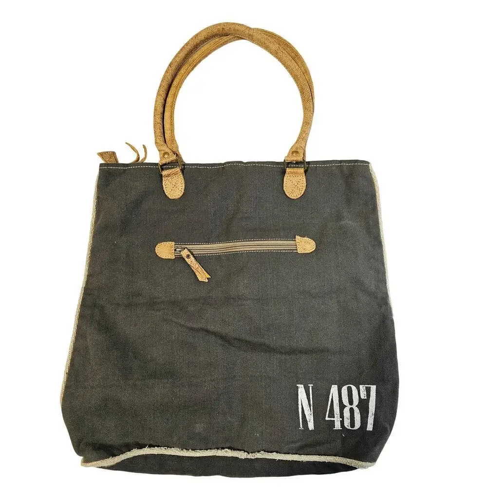 Maya Tote Bag. Leather & Canvas. Floral large bag. Zip closure. Multiple pockets